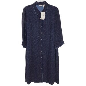 J.Jill Midnight Blue Floral Shirt Dress Midi Button Front 16 Cottagecore NEW